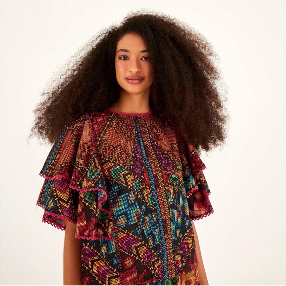 FARM Rio Multicolor Embroidered Ruffle Sleeve Top - Red, Blue, Green, Purple